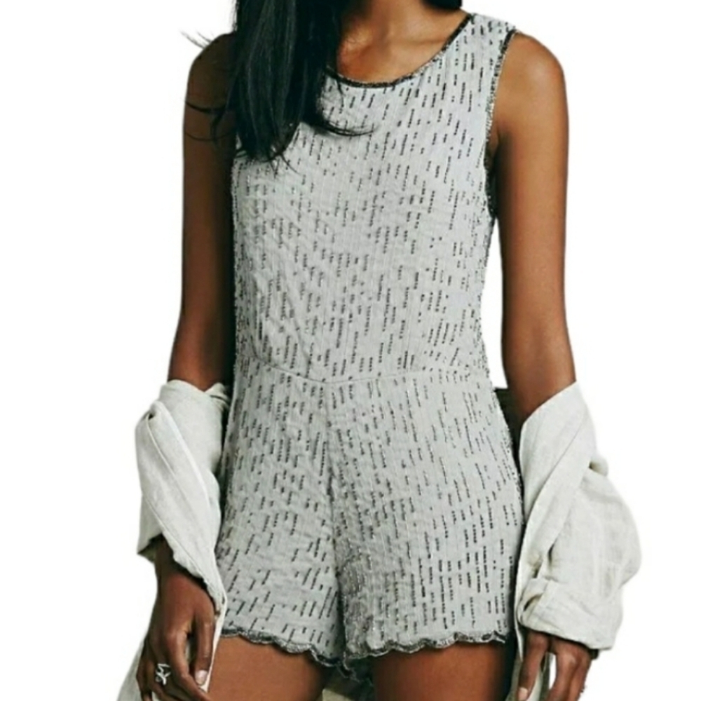 Free People Beauty Light Gray Beaded Sleeveless Romper - Size 4